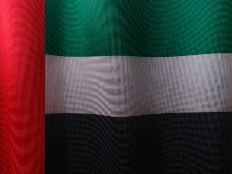 Detailed close-up of the United Arab Emirates flag with vibrant colors and fabric texture.